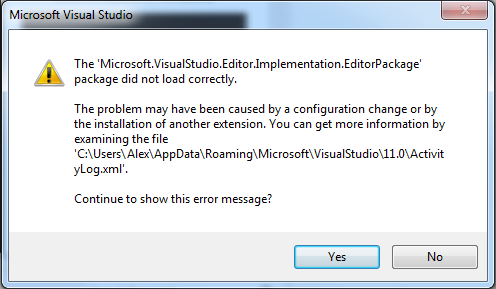 Microsoft.VisualStudio.Editor.Implementation.EditorPackage package did not load correctly